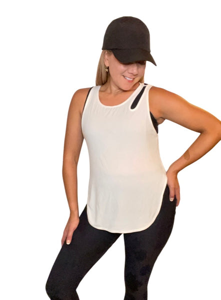Shoulder Cut-Off Tank Top (White)