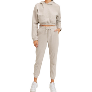 Natural Ribbed Joggers and Cropped Hoodie Set