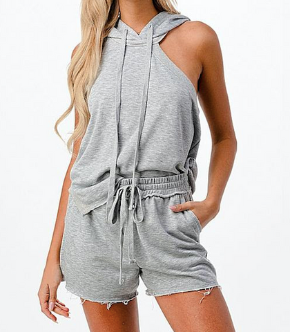 Sleeveless Asymmetrical Hoodie Top and Shorts Set