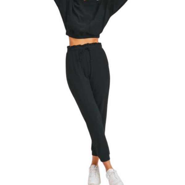 Ribbed Joggers and Cropped Hoodie Set (Black or Natural)